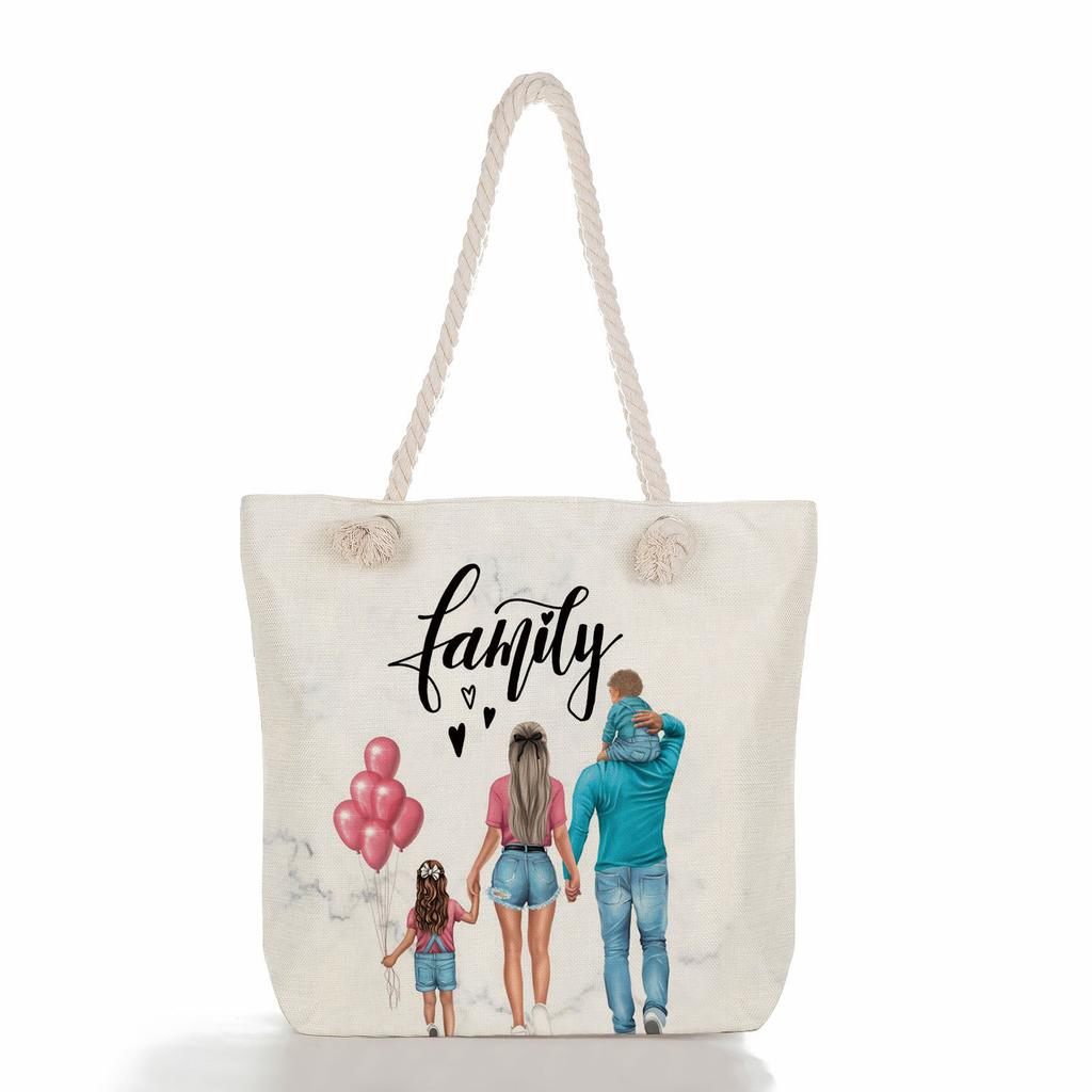 Multifunctional Mom Series Printed Thick Rope Shoulder Beach Bag Casual Large Capacity Handbag 7617