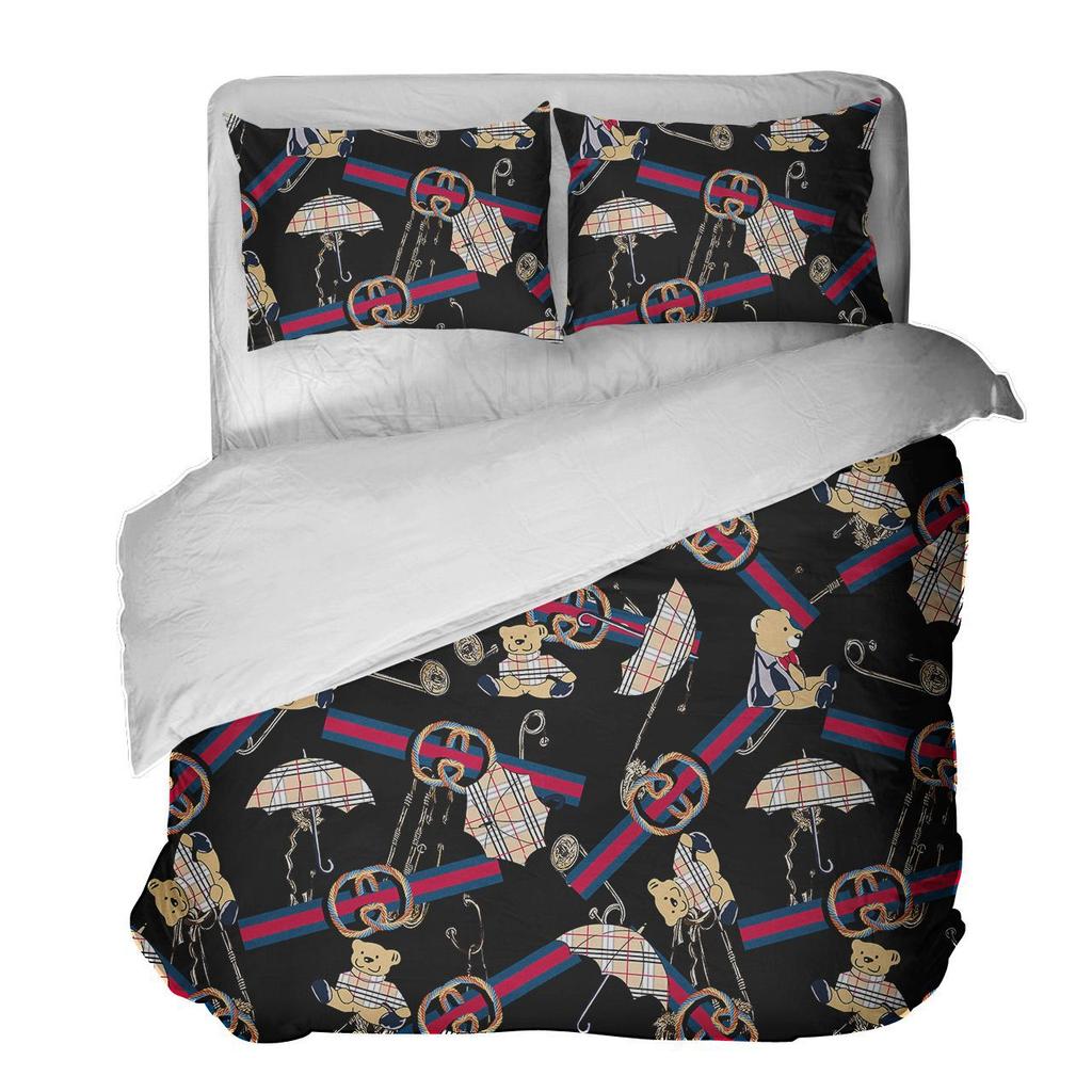 3D Printing Three-Piece Flower Set With Bear Retro Student Dormitory Bed Sheet Three-Piece Bedding Printing