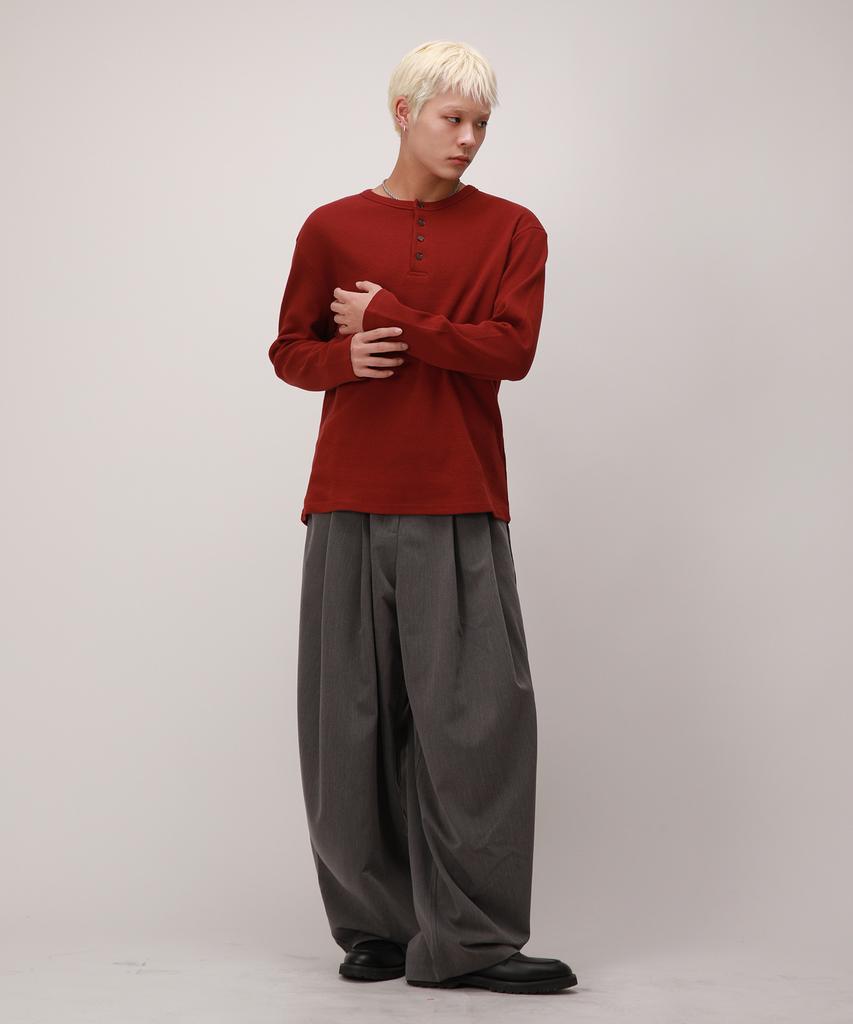 Dibellobeu Basic Henley Neck Waffle Long Sleeve_Burgundy