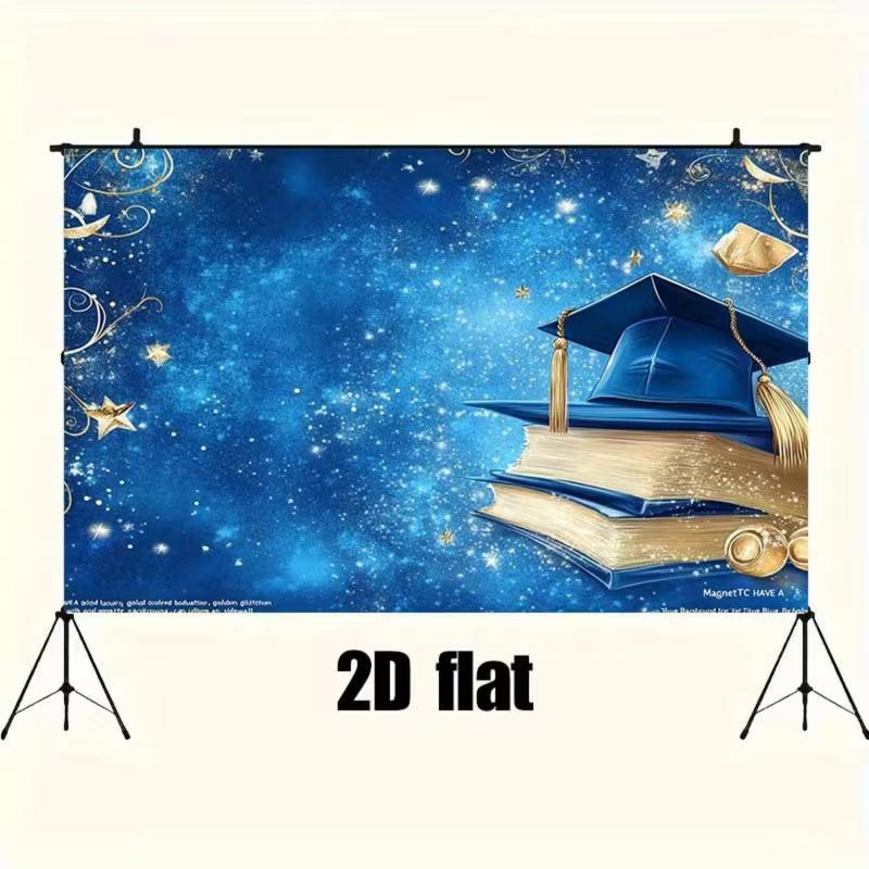 Stendardo di Laurea Piatto 2D, Cielo Blu Stellato con Tocco di Laurea e Stelle Dorate Sfondo per Servizio Fotografico di Festa