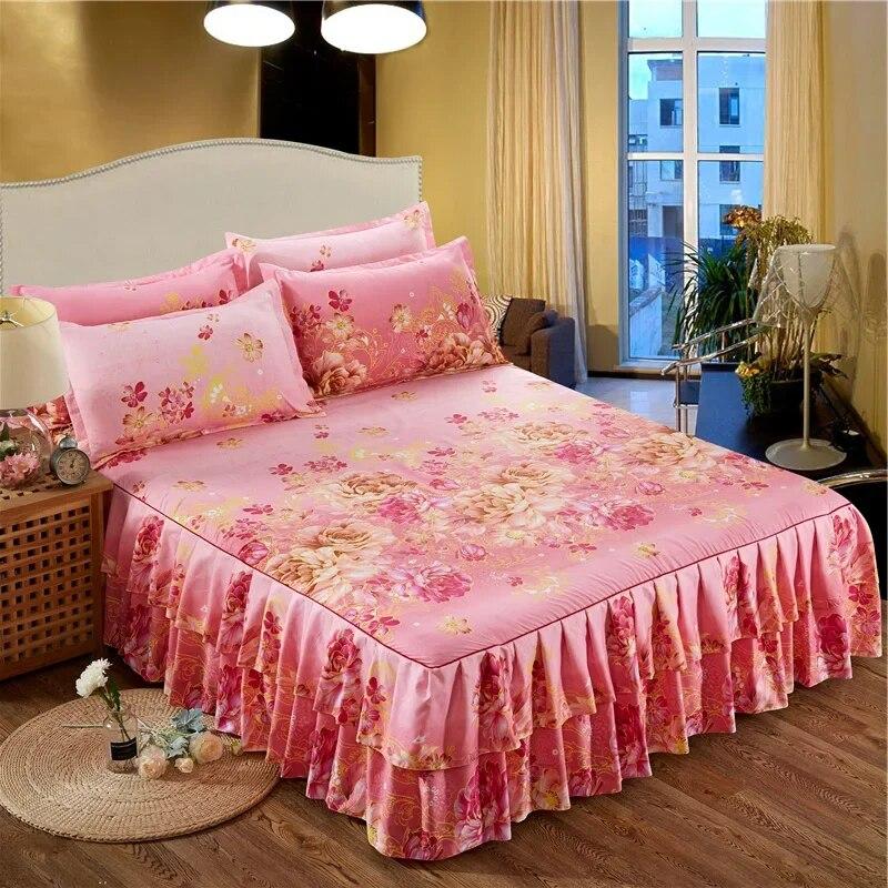 Lace Bed Sheet Skirt  Floral Printed Bed Cover Single/Queen/King Size Bedspread On The Bed (No Pillowcase