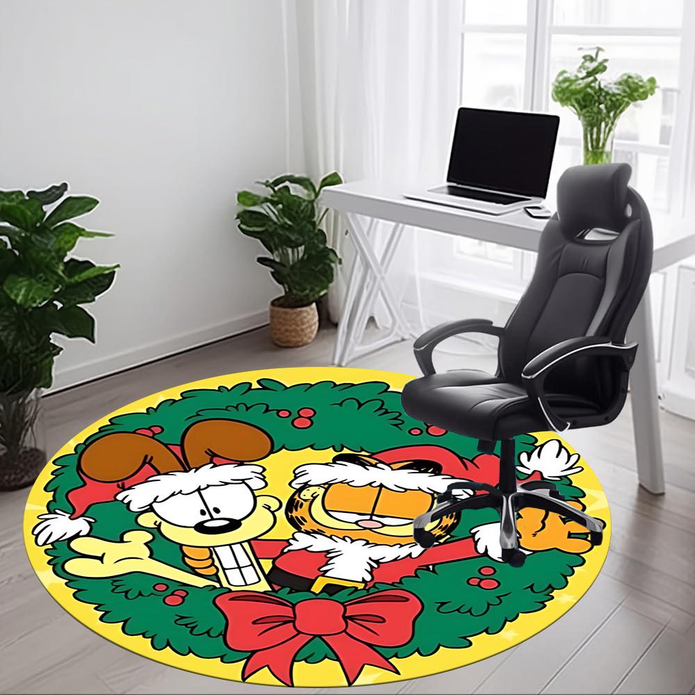 1PC Christmas Garfield and Odie Office Round Rug - Perfect for Office or Study Decor, Machine Washable, Non-Slip Backing, Decorative Floor Mat
