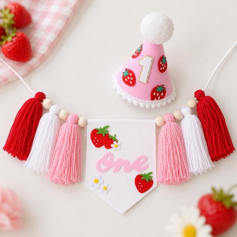 Pink White Birthday Chair Piece for Baby Photo Time, First Birthday Fabric Trim Cloth with Sweet Fruit Theme Today