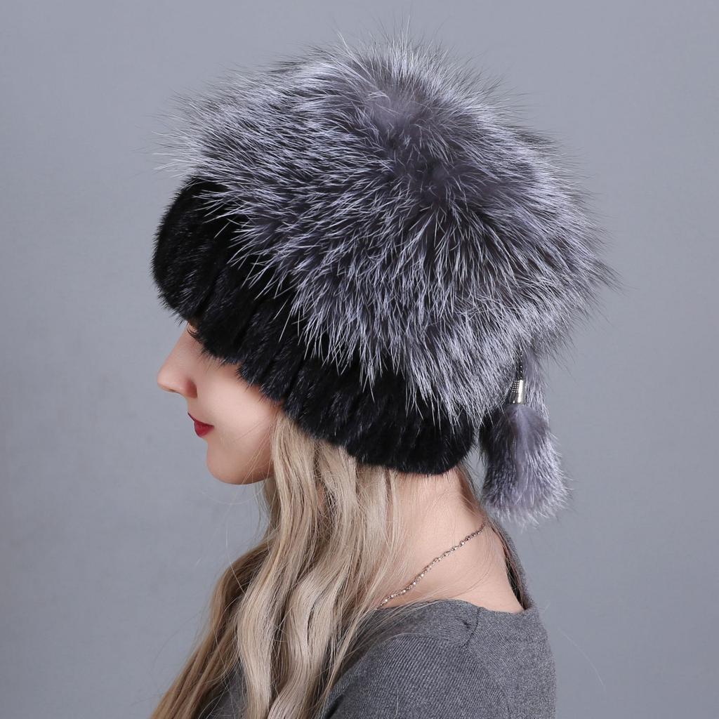 New mink headgear European and American fashion women's winter mink fur hat silver fox hair hat adult