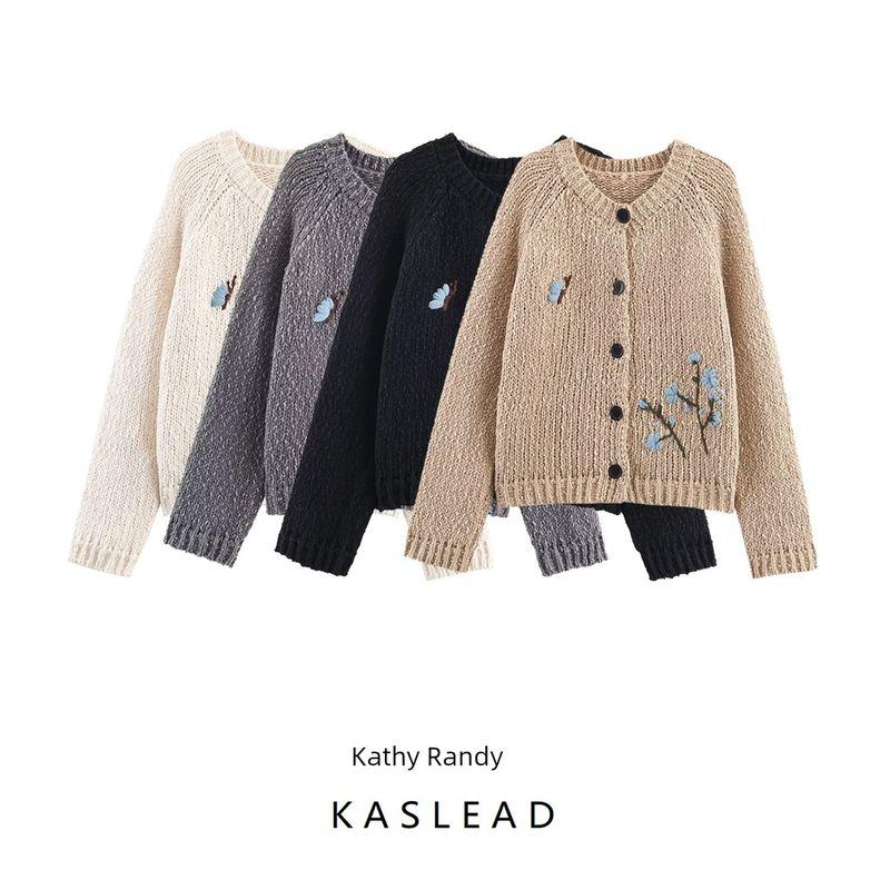 Kaslead New Women clothes Western Style Fashion Simple and Versatile Handmade Embroidery Knit cardigan Outerwear