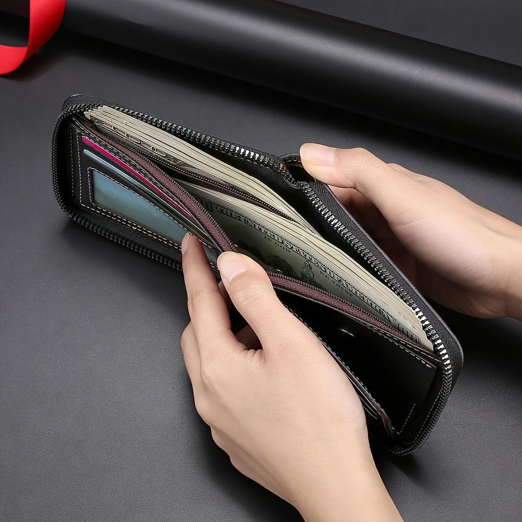 Men's Faux Leather Wallet with Zipper - Sleek Black, Multi-Card Holder & Coin Pocket, Durable Folding Design - Ideal Gift for Men