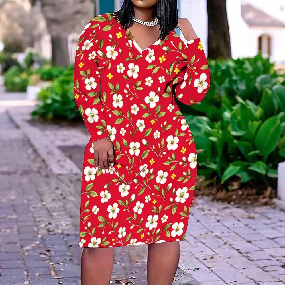 Women Plus Size V Neck Long Sleeve Floral Printed Red Pink Fitted Dress
