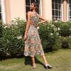 Summer New Halter Neck Sleeveless Small Floral Sling Lace High Waist Green Long Dress S-XL