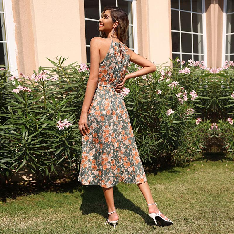 Summer New Halter Neck Sleeveless Small Floral Sling Lace High Waist Green Long Dress S-XL