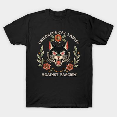 Schwarzes T-Shirt mit Aufdruck für Männer, Kinderlose Katzendamen gegen Faschismus, Feministin für Präsidentin Kamala Harris, Baumwoll-T-Shirt mit Aufdruck ohne Schnitt