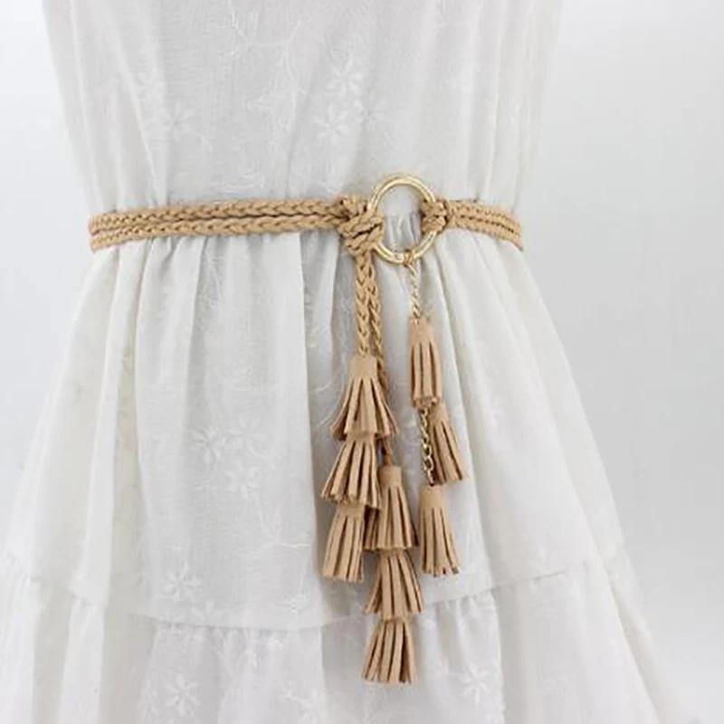 Fashion Women Solid Color Braided Tassel Belt 2024 New Boho Girls Thin Waist Rope Knit Belts for Dress Waistbands Accessories