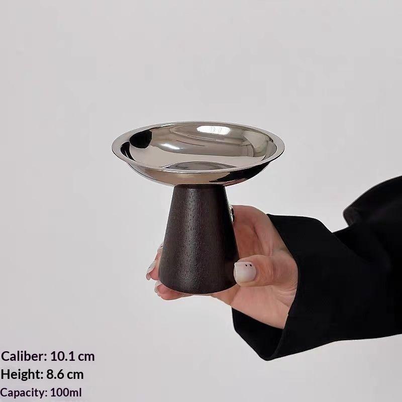 Stainless Steel Pedestal Dessert Bowl With Shiny Mirror Surface And Stable Wooden Base Perfect For Serving Ice Cream Pudding