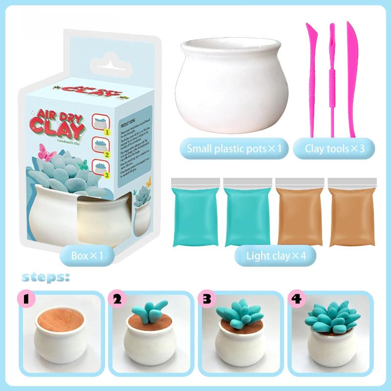4-Color Ultra-Light Clay Succulent Pot DIY Handmade Modeling Clay Toy Set for Kids
