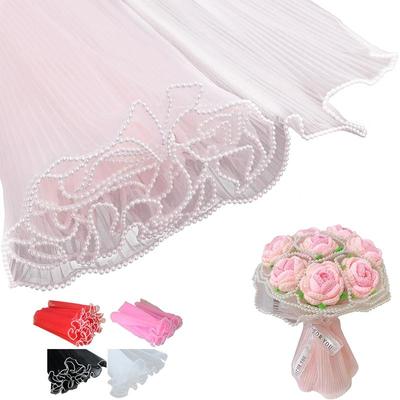 4,37 Yard Flower Inpackning Mesh Garn, Pearl Edge Bukett Blommig förpackningspapper, DIY Vit skrynkligt vågigt nätgarn för bröllop, födelsedag