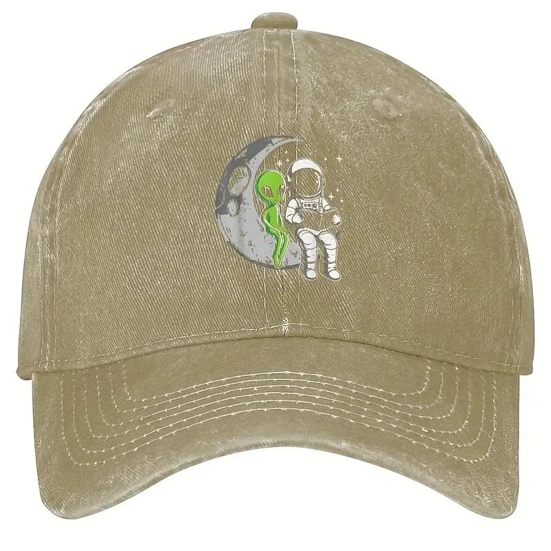 Alien and Astronaut Reading on Moon Vintage Denim Baseball Cap Adjustable Outdoor Sports Cap