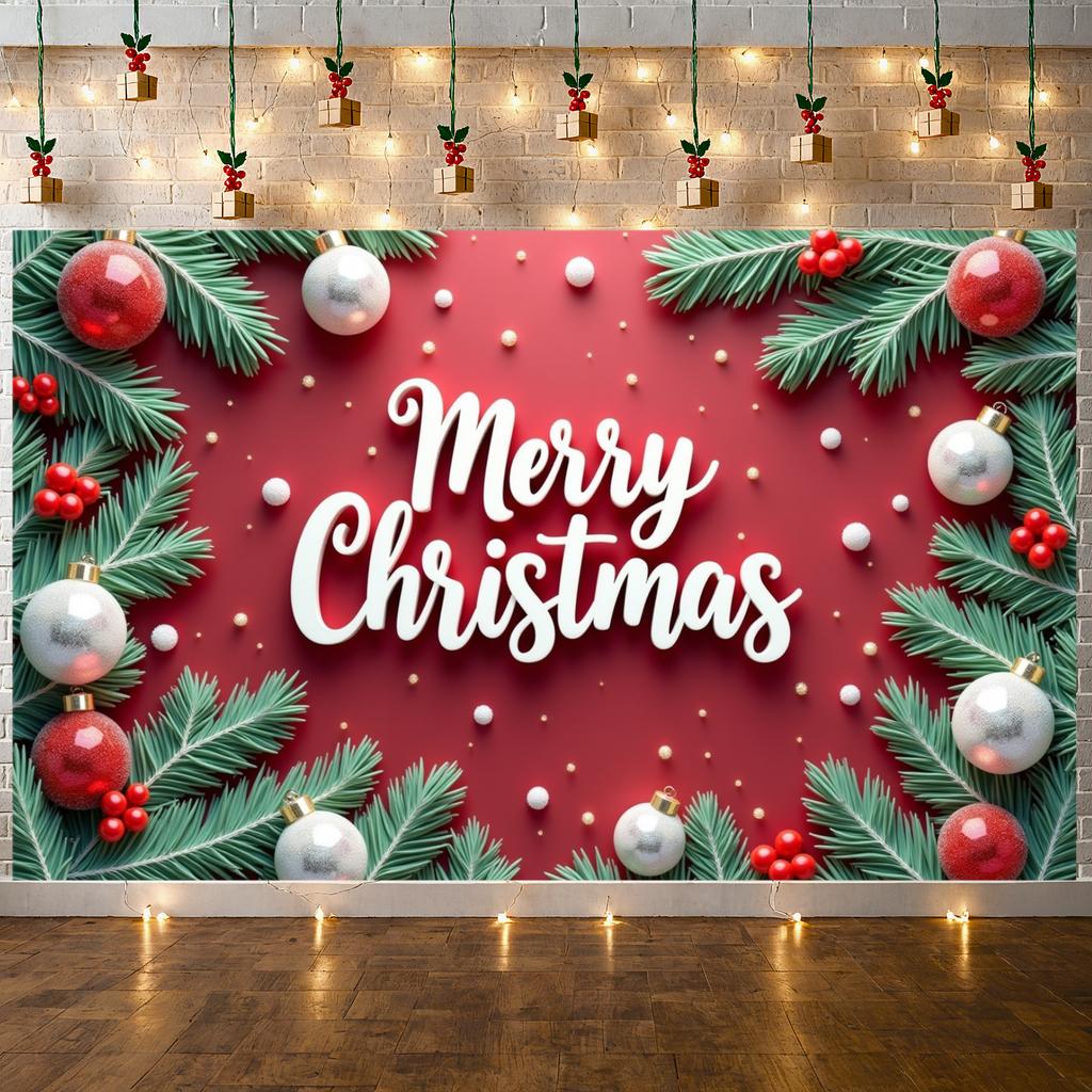 Festive Display Glossy Baubles Christmas Display Merry Christmas Banner Green Foliage Xmas Backdrop For Christmas Party Office