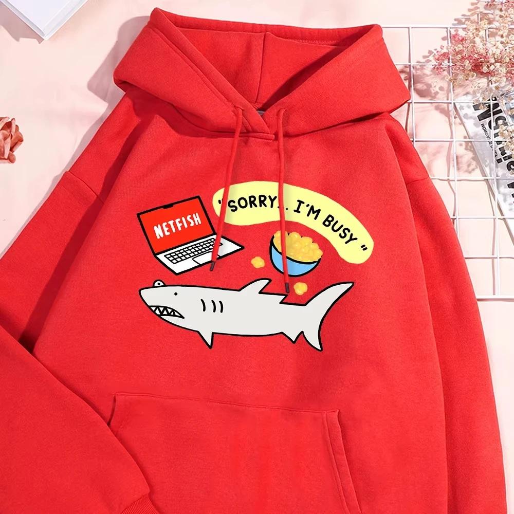 Fun Shark Cartoons Print Streetwear Men Women Crewneck Pullover Hoodies Kawaii Fleece Streetwear Fashion Couple