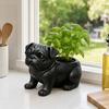 3D-printet Mops Figur Plantekrukke, Realistisk Hundestatue med Bageste Plantefelt, Mat Sort Dekoration til Sukkulenter Minivækster Krydderurter, Multifunktionel Opbevaring