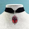 Gothic Geometric Oval Black Relief Cross Imitation Ruby Pendant Velvet Choker Necklace for Women Vampire Halloween Party Jewelry