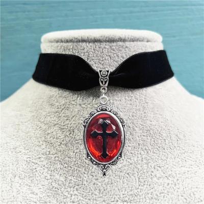 Gothic Geometric Oval Black Relief Cross Imitation Ruby Pendant Velvet Choker Necklace for Women Vampire Halloween Party Jewelry