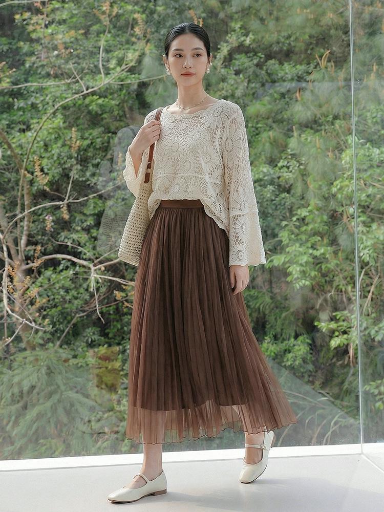 Feiyuan Women's Versatile Pleated Mesh Midi Skirt - Early Spring, Breathable, Large Hem, Commuter Style.