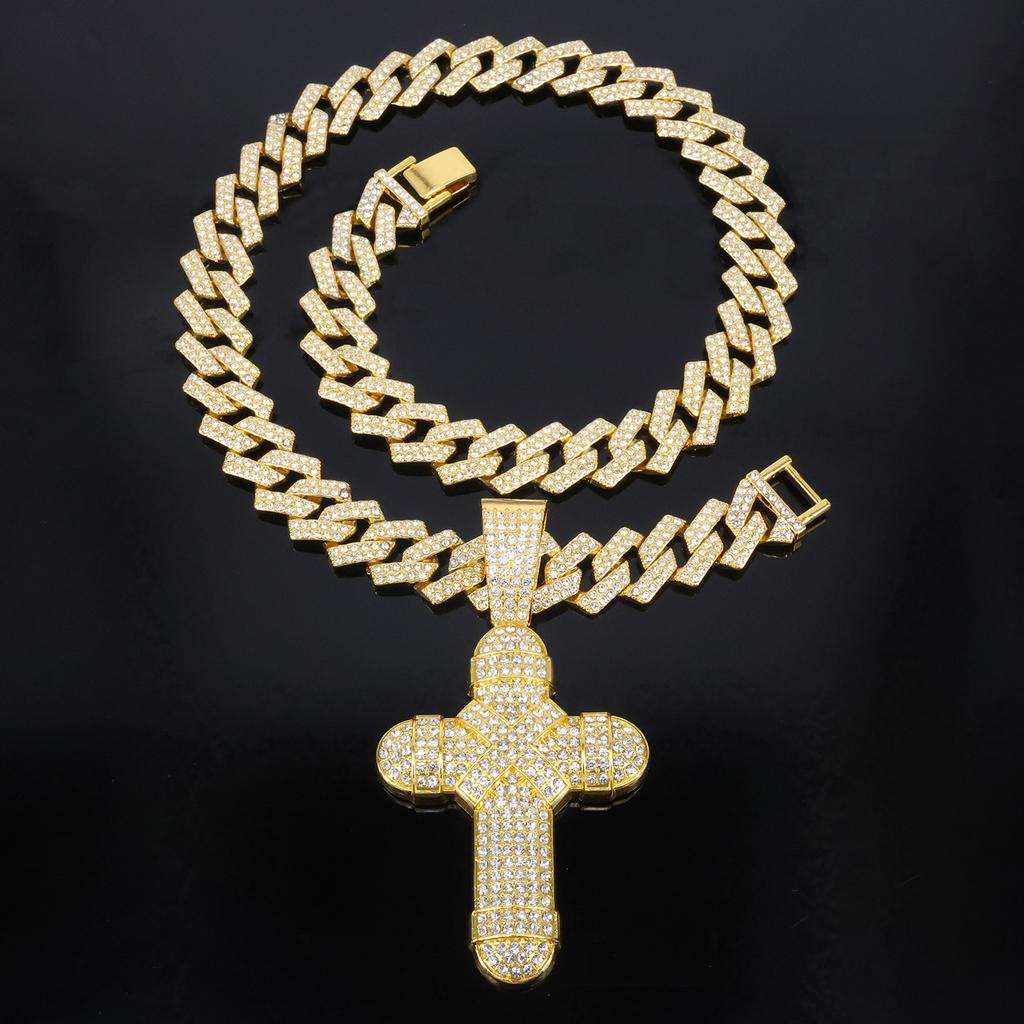 Men Hip Hop Cuban Chain Alloy Necklace Trendy Rap Style Full Diamond Wrapped Cross Pendant Street Fashion Accessories