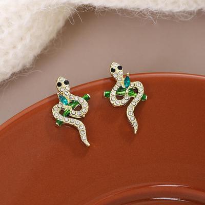 Orecchini a forma di foglia di bambù con serpente e diamanti in argento - Design unico e squisito per le donne