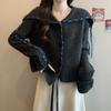 Autumn and winter new streamer lapel knitted cardigan navy collar soft waxy temperament lazy sweater jacket women