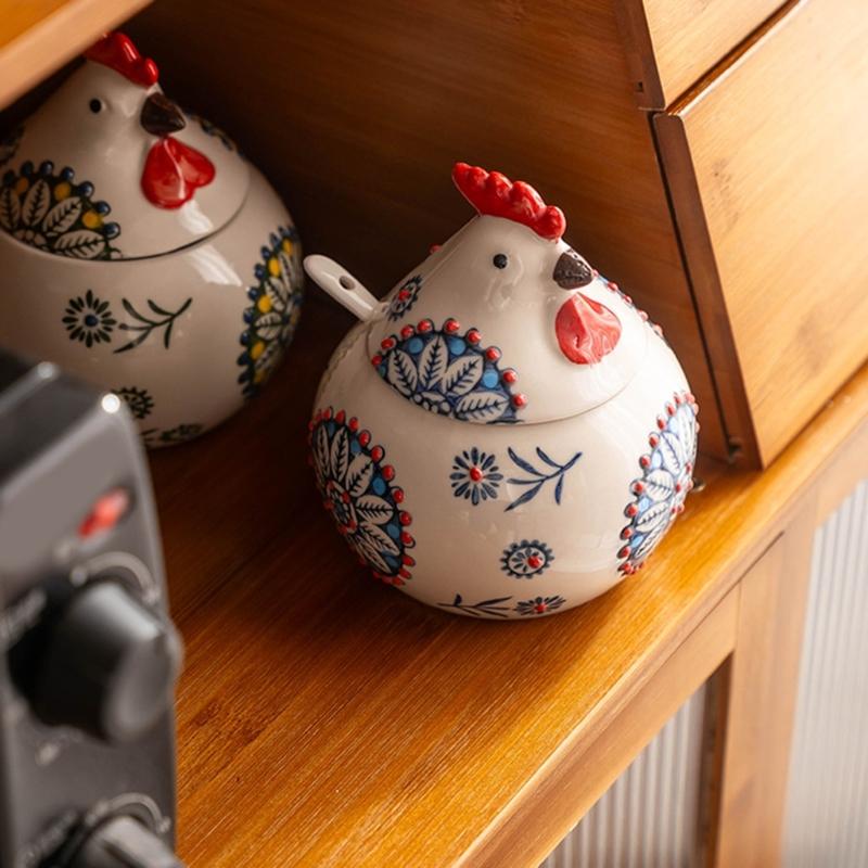 Ceramic Seasoning Container Chick Designs Sealable Lid Included Measuring Utensils For Cooking Essential