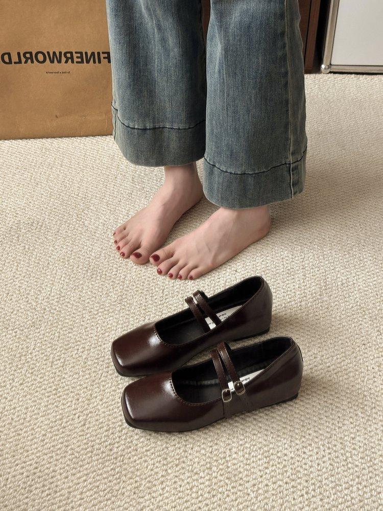 Soft Leather Version~ Cross-buckle Strap Light Mouth Versatile Flat-soled Single Shoes Women's Retro French Silver Ballet Shoes Mary Jane Shoes