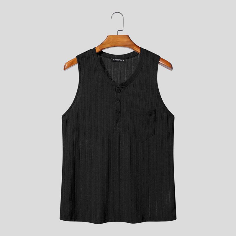 

INCERUN Men V Neck Sleeveless Semi-Sheer Casual Rib Tank Tops Undershirts S чёрный