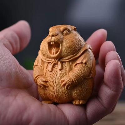 Wood Carving Groundhog Gold Sandalwood Cartoon Living Room Creative Ornament Car Decoration Sculpture, Collectible Statue, Desk Decor, Wooden Artwork