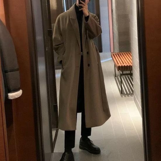 Langer Wollmantel für Herren mit Revers, langen Ärmeln, einfarbig, Windjacke mit Taschen, Knopfleiste mit zwei Knöpfen, einfarbig, mittellange Oberbekleidung