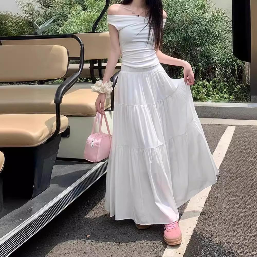 Plus Size Autumn White Pleated Midi Skirt for Women