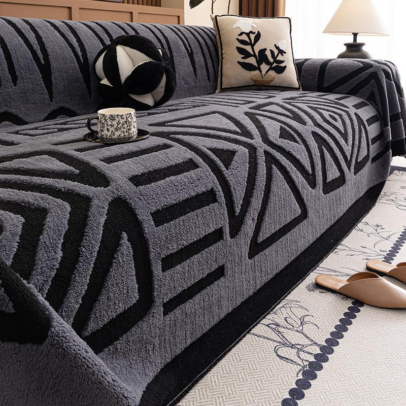 Geometric Patterns Thickened Winter Plush Warm Sofa Cover Durable Couch Cushion for Living Room Furniture Dust-proof Blanket