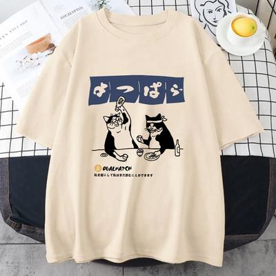 Kadın Tişört Sokak Giyim Japon Harajuku Komik İçen Kedi Tişört %100 Pamuk Yaz Karikatür Tişört Unisex Hip Hop Üstler Tişörtler