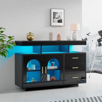 Buffet Cabinet d'appoint LED, Grand Bar à Café de 120 cm, Meuble avec Tiroirs, Cuisine Haute Brillance avec Éclairage 16 Couleurs pour la Salle à Manger (Noir)