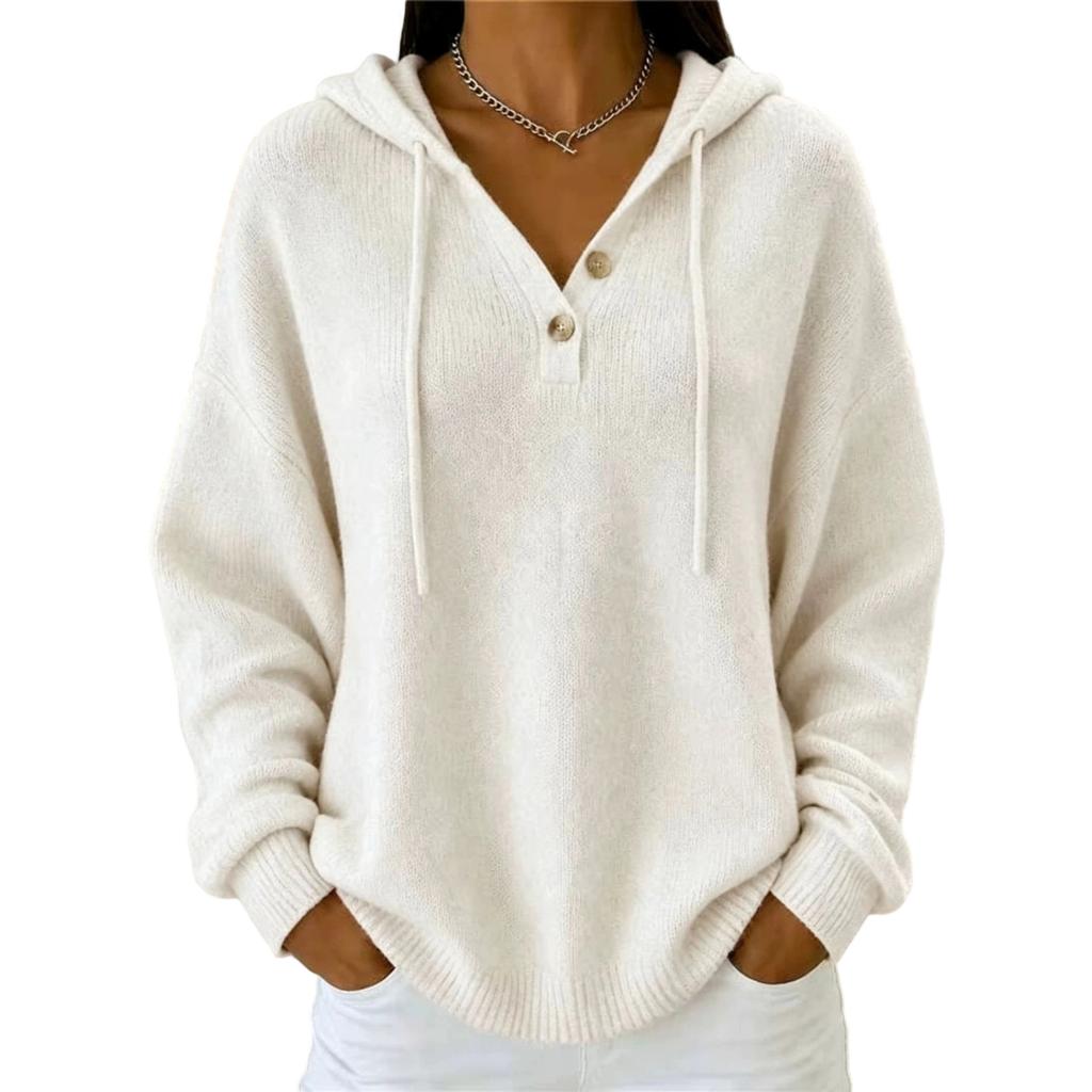 Women's Relaxed Hooded Knit Sweater with Two Buttons, Color Long Sleeve Pullover for Fall Winter