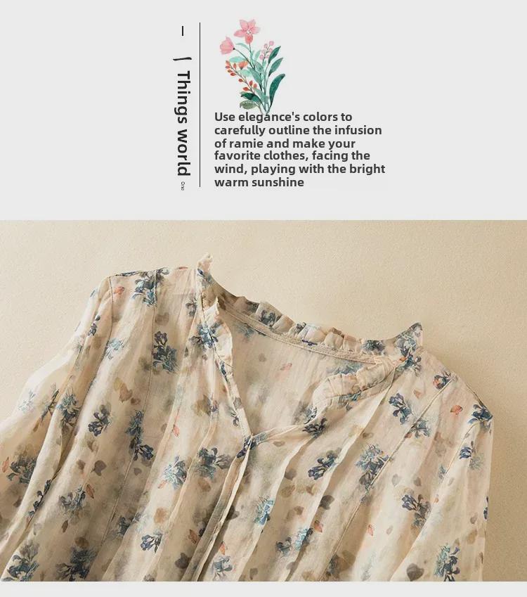 Sommerliches Ramie-Leinenhemd mit Blumenmuster und Ohrkragen