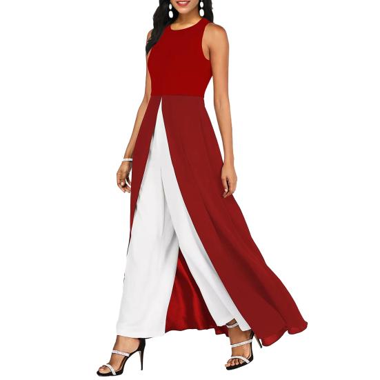 Damen Jumpsuit Sommer Ärmellos Kontrastfarben Spleißen Hoher Schlitz O-Ausschnitt Elegant Büro