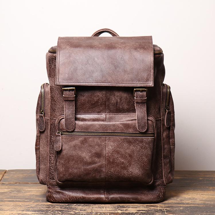 Vintage Men'S Leather Backpack Cowhide Women'S Computer Backpack Frosted Leather Mountaineering Travel Bag