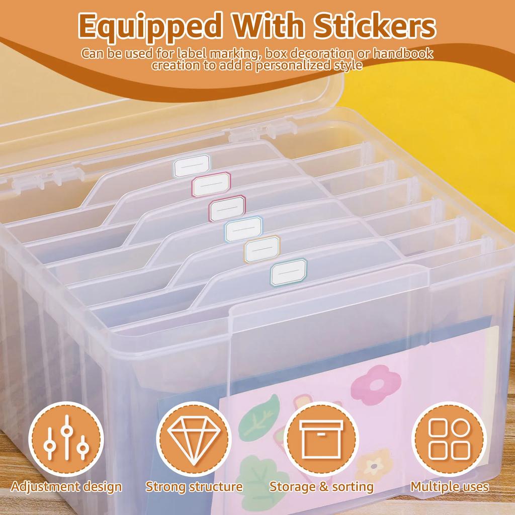 Greeting Card Storage Box Photo Organizer with 6 Removable Adjustable Dividers and Stickers for Photos Crafts Scrapbooking