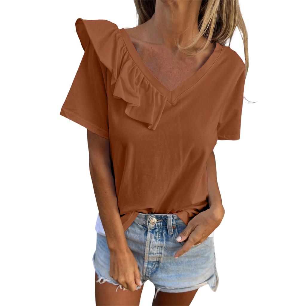 Women's Fashion Solid Color V-Neck Short Sleeve T-Shirt With Half Ruffle Shirt