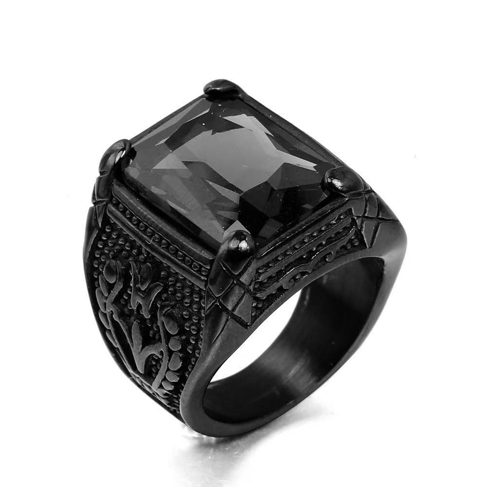 Vintage Big Green/Black/Red/Blue Color Stone Rings for Men Stainless Steel Fashion Punk Handmade Carved Tulip Ring Party Jewelry