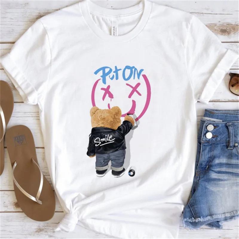 Cute Bear Print Shirts White Fashion Women T-Shirts Harajuku Kawaii Clothes Short Sleeve Summer Tees Casual Female Tops O-Neck