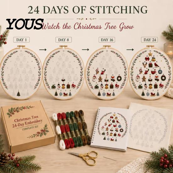 Holiday Sewing Project Kit 24 Days Christmas Tree Embroidery Kit, DIY for Beginners, Handmade Indoor Crafting Hobby Material Pack with Full