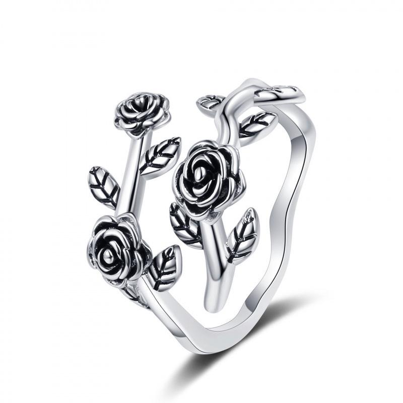 Silver Retro Thai Rose Leaf Ring - Women's Versatile Temperament Index Finger Accessory