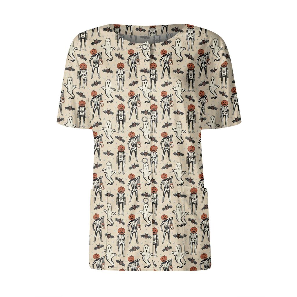 Women's Short Sleeved Patterned Pockets, Work Print Stand Up Collar, Single Breasted Protective Clothing, Cardigan Jacket, Top