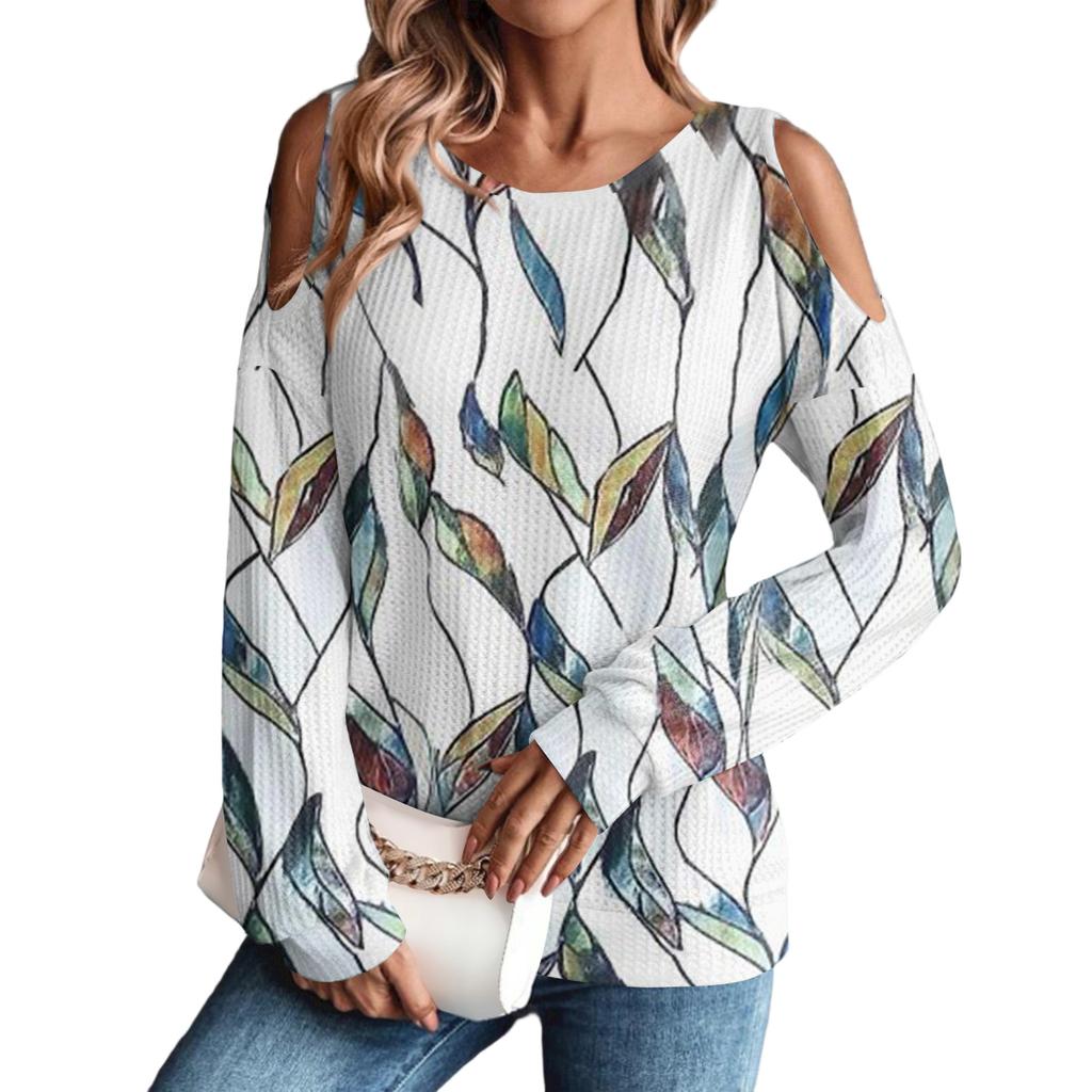 Damen Winter Oversized T-Shirt Modisch Schulterfrei Rundhals Vintage Blumendruck Pullover Langarm Oberteil