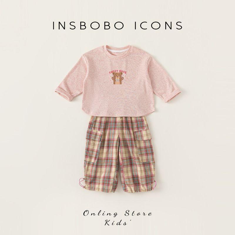 Insbobo Boys  Suit Children s Autumn Fashion Plaid Girls  Sports Suit Autumn New Korean Style Casual Pink 90 cm